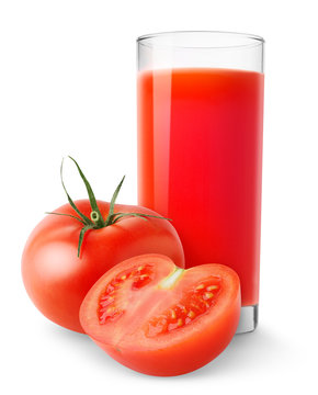 Isolated juice. Glass of tomato juice and cut tomatoes isolated on white background