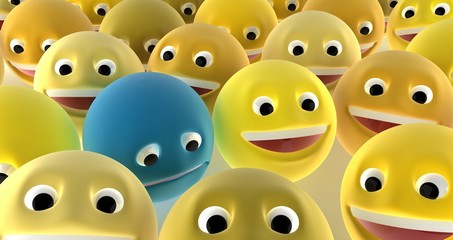 A sad face among a crowd of smiling faces