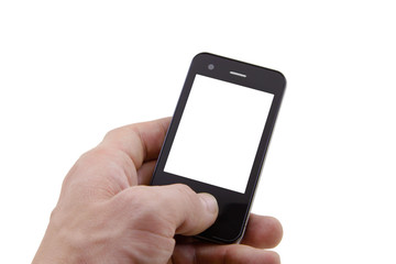 mobile phone in left hand with a blank screen