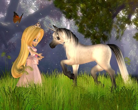 Fototapeta Cute Toon Fairytale Princess and Unicorn
