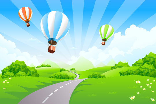 Green Landscape with Balloons