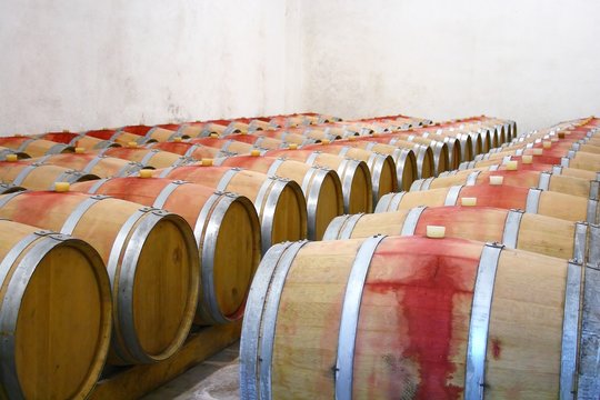 Old barrels with red wine