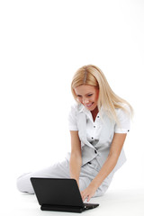 working on laptop