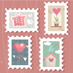 set of valentine`s day postage stamps, vector illustration