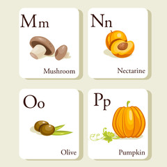 Fruits and vegetables  alphabet cards , illustration, part 4of 7