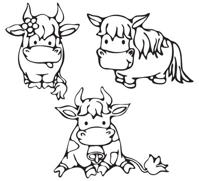 Cute small cows and horse