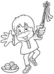 Boy and Easter - Black and White Cartoon illustration