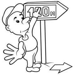 Boy and Dirrection Arrow - Black and White Cartoon illustration