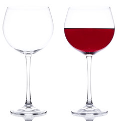 Two Glasses red wine and empty over white background