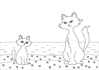 Cat with a kitten on seacoast, contours
