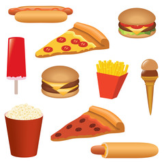 fast food set: hotdog, hamburger, pizza, ice-cream, popcorn etc