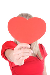 Woman holding red heart card