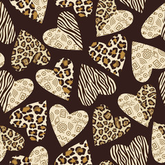 Seamless background with hearts with animal skin pattern.