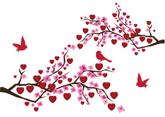 love branches in blossom with red birds