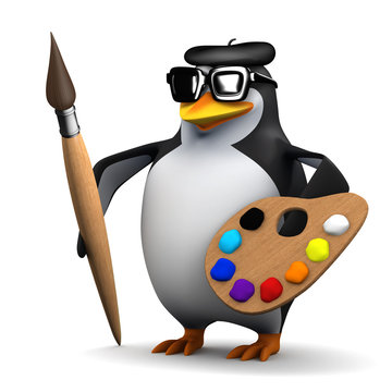 3d Penguin holds his paintbrush and palette