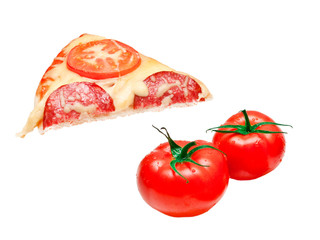 a slice of pizza and tomato, isolated on white background