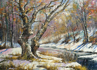 Plakat Zimowy krajobraz z drewna i rzeki