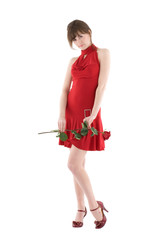 girl in red dress with rose