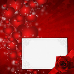 Red Valentine's day card with hearts and rose