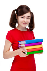 Girl holding books isolated on white background
