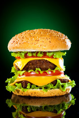 Tasty and appetizing hamburger on a darkly green