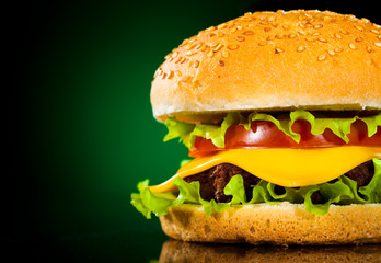 Tasty and appetizing hamburger on a darkly green