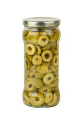 Glass jar with sliced green olives