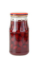 Glass jar with jam maded from cornelian cherries