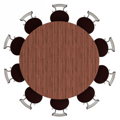 Round table and chairs, top view, isolated on white