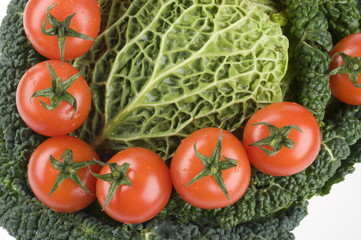 Raw cabbage and tomato  food background