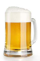 Alcohol light beer mug with froth isolated over white