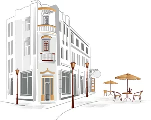 Papier Peint photo Café de rue dessiné Vieille ville avec café