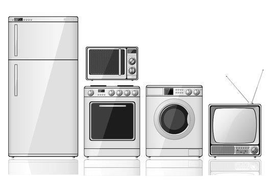 Set of realistic household appliances over white background