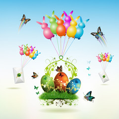Easter card with decorated eggs on grass raised by balloons