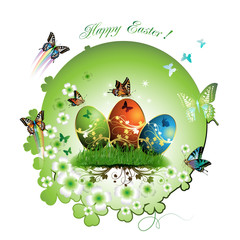 Easter card with butterflies and decorated eggs on grass