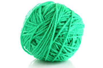 Green ball of woollen red thread isolated on white