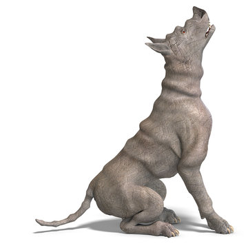 curious alien dog with rhino skin and horn. 3D rendering with