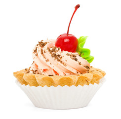 Cupcake with cherry isolated on white background