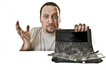 surprised  man has a problem with the computer