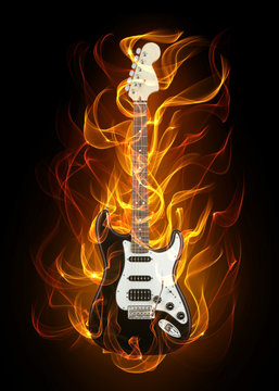 Electric guitar in fire and flames