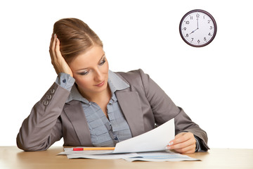 Businesswoman bored in office isolated on white