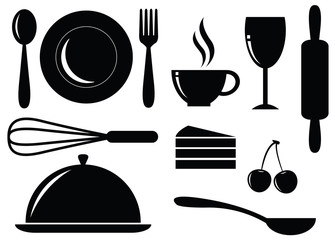 Vector Silhouette of food,drink,bakery and coffee icons
