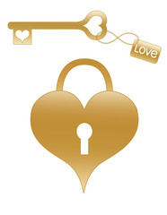 Gold Heart Padlock and Key with ID "LOVE" tag