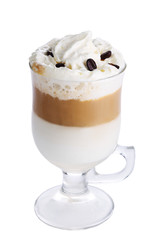 Latte macchiato with coffee beans on white isolated background