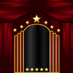 Theatre sign on a red curtain background