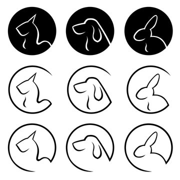 set of animal icons in the circle, cat, dog, rabbit
