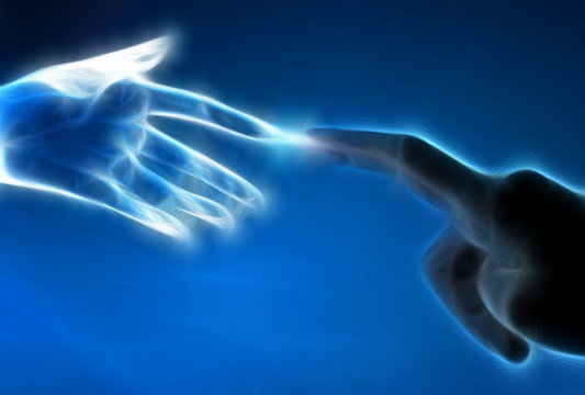 Human hand and artificial hand touch each other