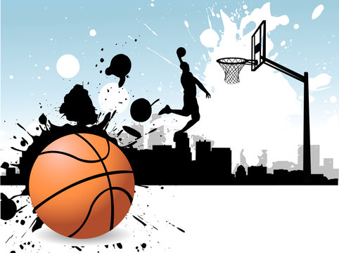 orange basketball player dunking over city clip art preview