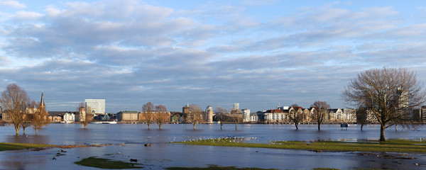 Düsseldorf Panorama, überschwemmte Rheinwiesen