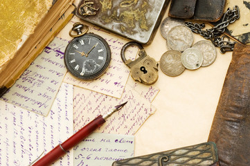 Old letters and pen as a background